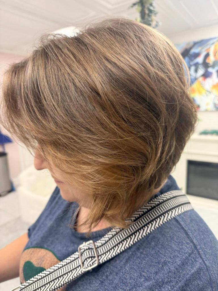 Finished haircut and balayage color by Urban Vintage Hair Studio